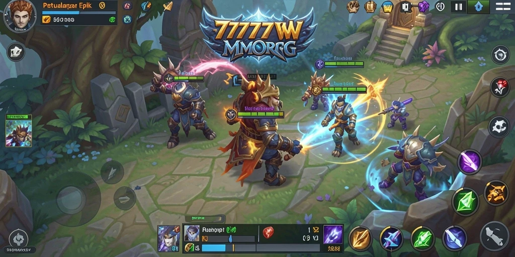 Screenshot utama 7777W menampilkan gameplay seru dalam dunia MMORPG.