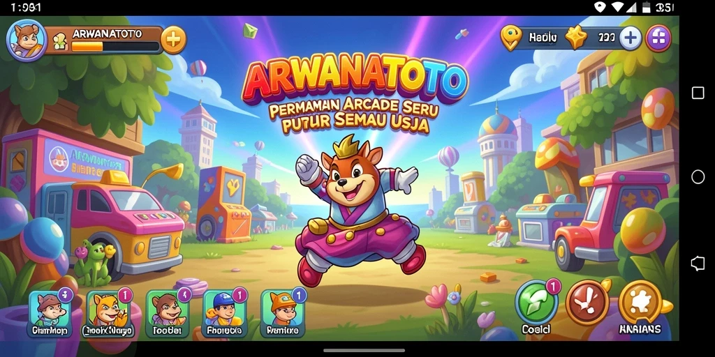 Tampilan permainan Arcade ARWANATOTO yang penuh warna dan seru.
