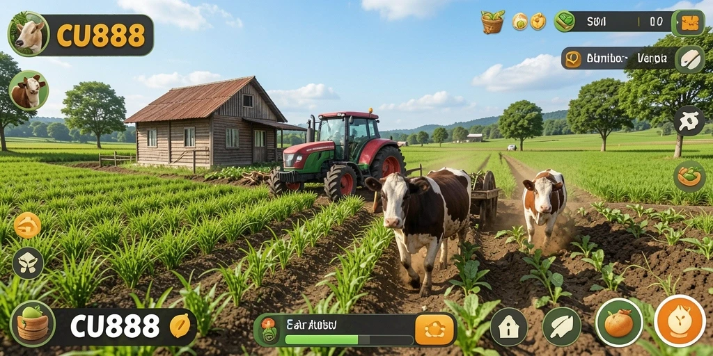 Screenshot menunjukkan gameplay pertanian yang menarik dan warna-warni.