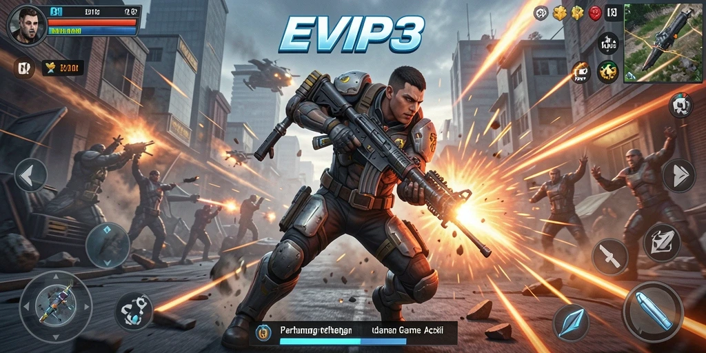 Tampilan intense gameplay EVIP3 dengan aksi cepat dan karakter dinamis.