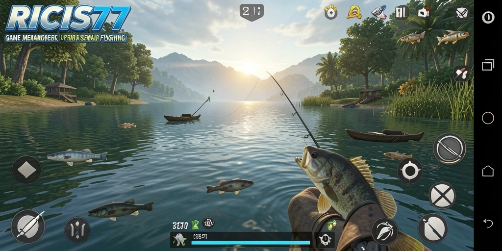 Screenshot gameplay RICIS77 menunjukkan aksi memancing yang seru.